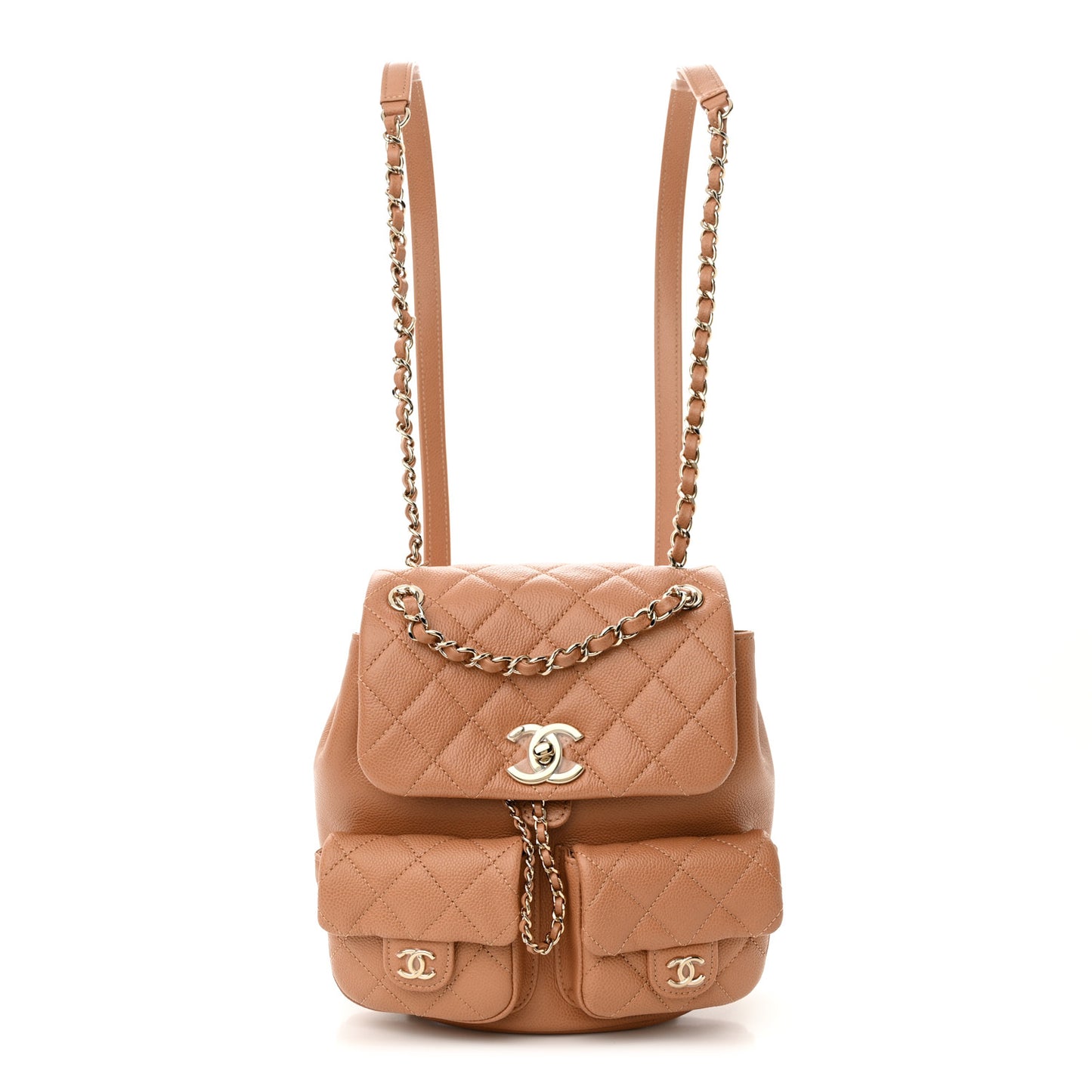 Shiny Caviar Quilted Medium Duma Pockets Drawstring Backpack Dark Beige