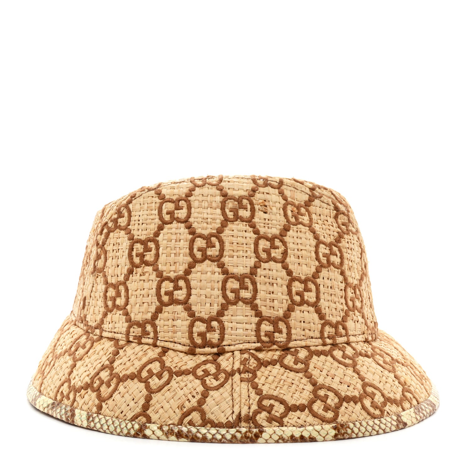 Gucci Raffia Elaphe GG Monogram Embroidered Basmaa Fedora Hat L Ivory Dark Brown 5 of 9