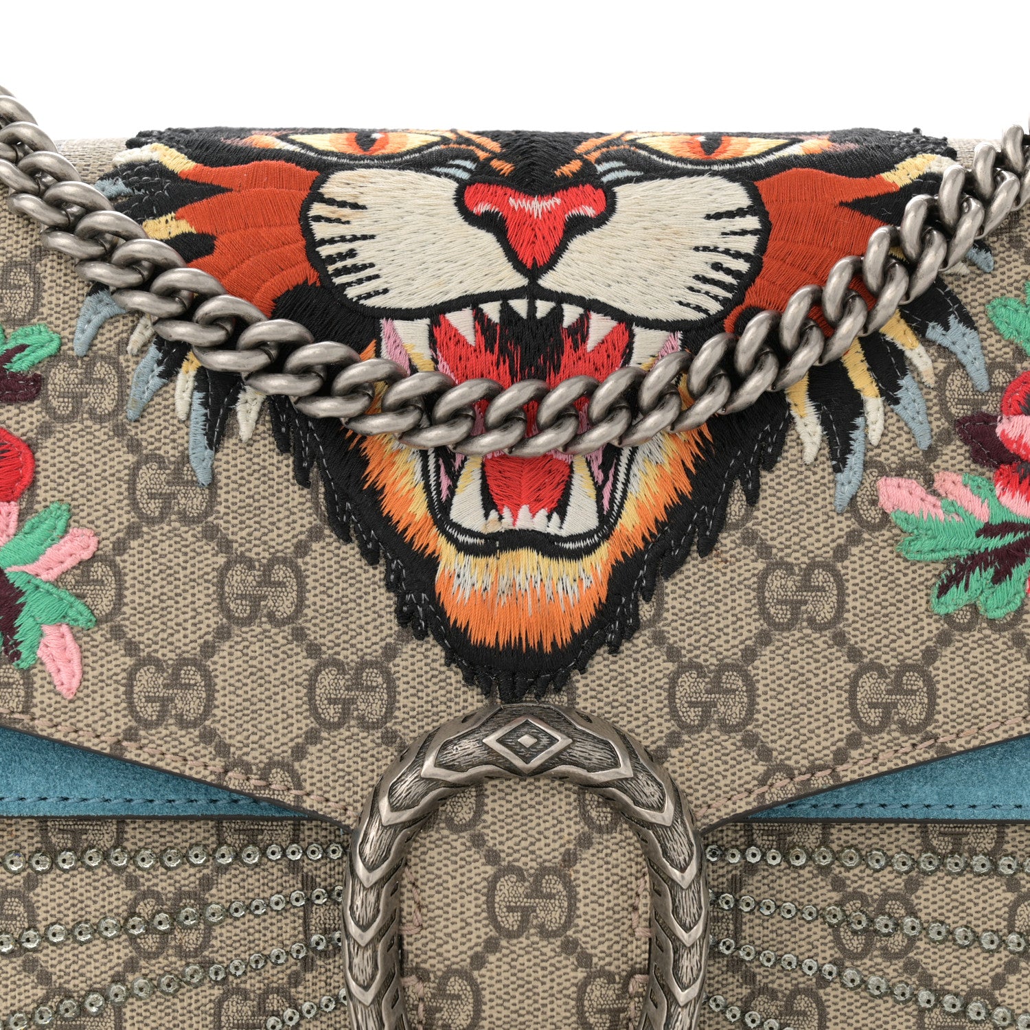 Gucci GG Supreme Monogram Angry Cat Embroidered Medium Dionysus Shoulder Bag Beige Ultramarine 9 of 15