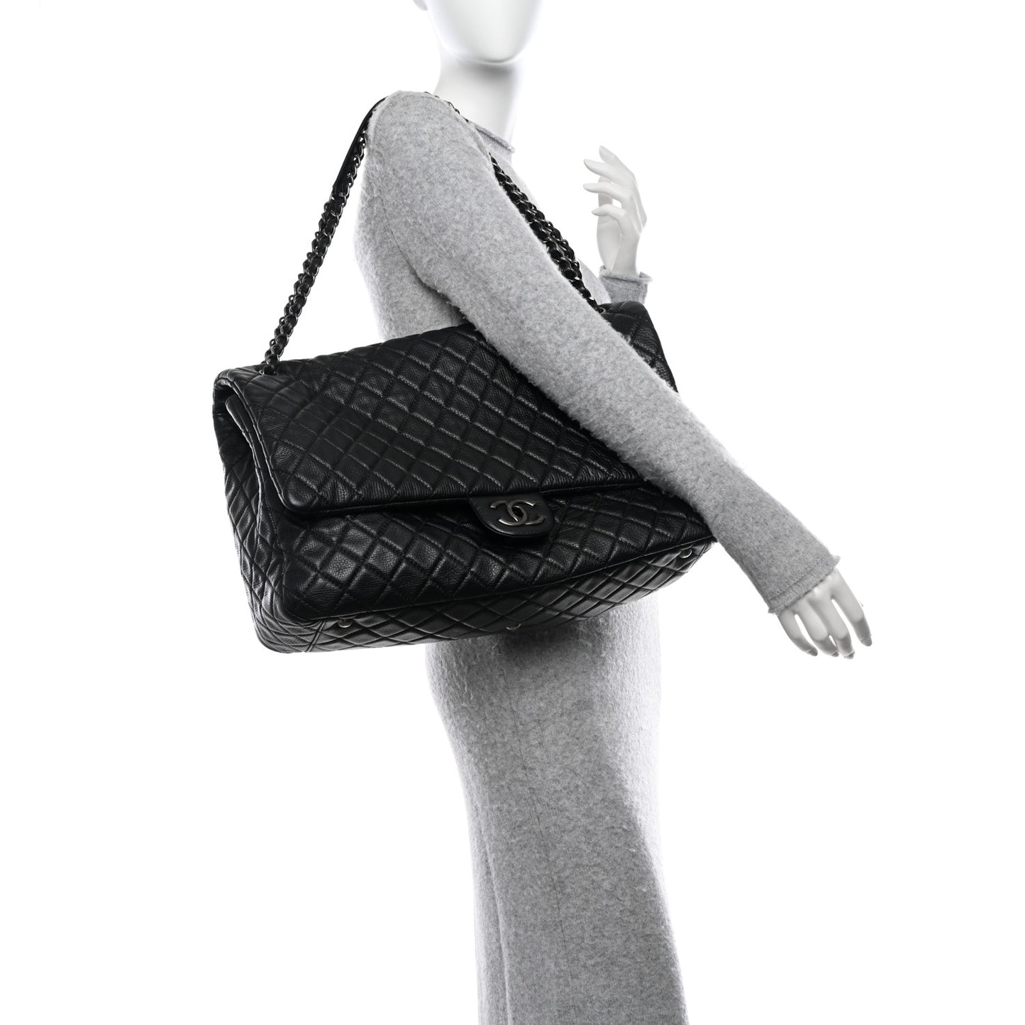 Calfskin Quilted XXL Travel Flap Bag Black