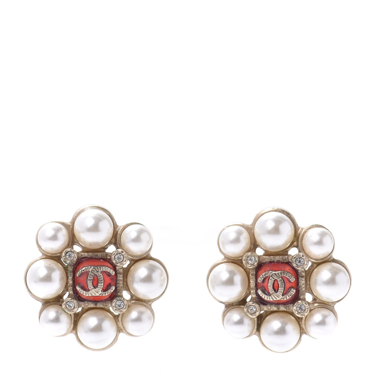 Crystal Pearl Earrings Gold Red