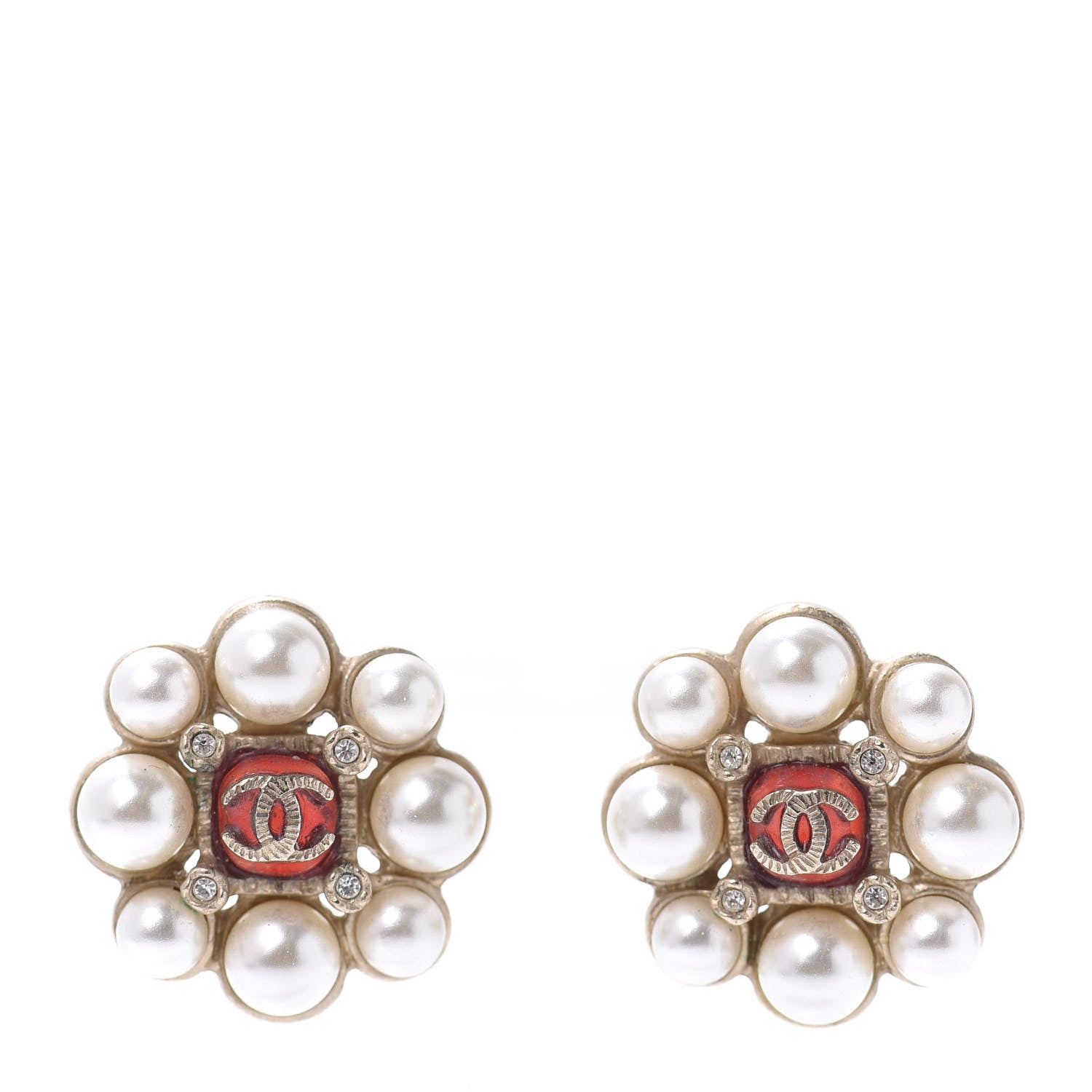 Chanel Crystal Pearl Earrings Gold Red 1 of 4