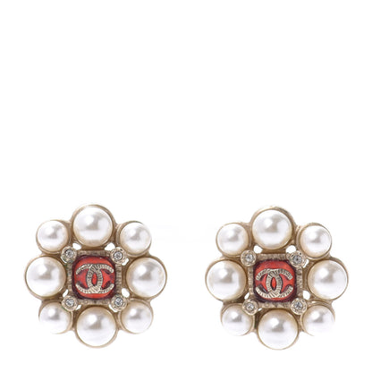 Chanel Crystal Pearl Earrings Gold Red 1 of 4