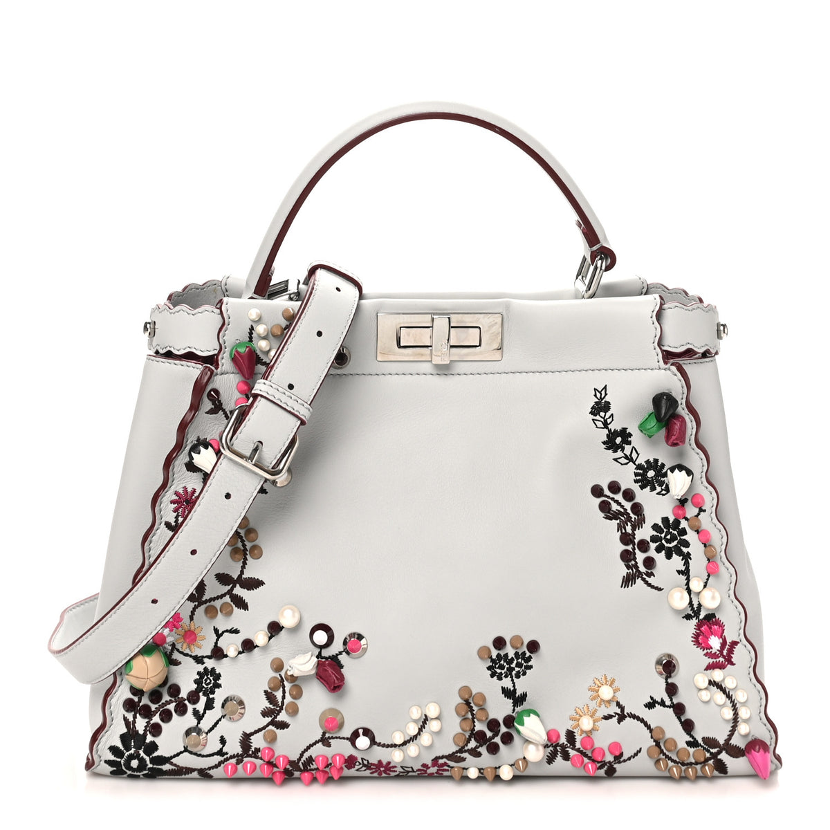 Fendi Vitello Seta Shiny Nappa Pearl Scalloped Studded Floral Embroidered Medium Peekaboo Iconic Satchel Grigio Perla Multicolor 1 of 9