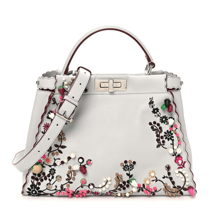 Fendi Vitello Seta Shiny Nappa Pearl Scalloped Studded Floral Embroidered Medium Peekaboo Iconic Satchel Grigio Perla Multicolor 1 of 9