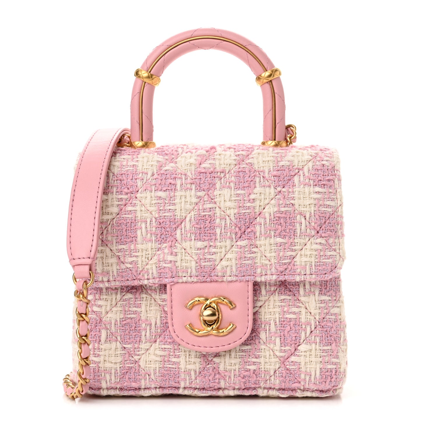Tweed Handle Crush Top Handle Flap Bag Pink Ecru
