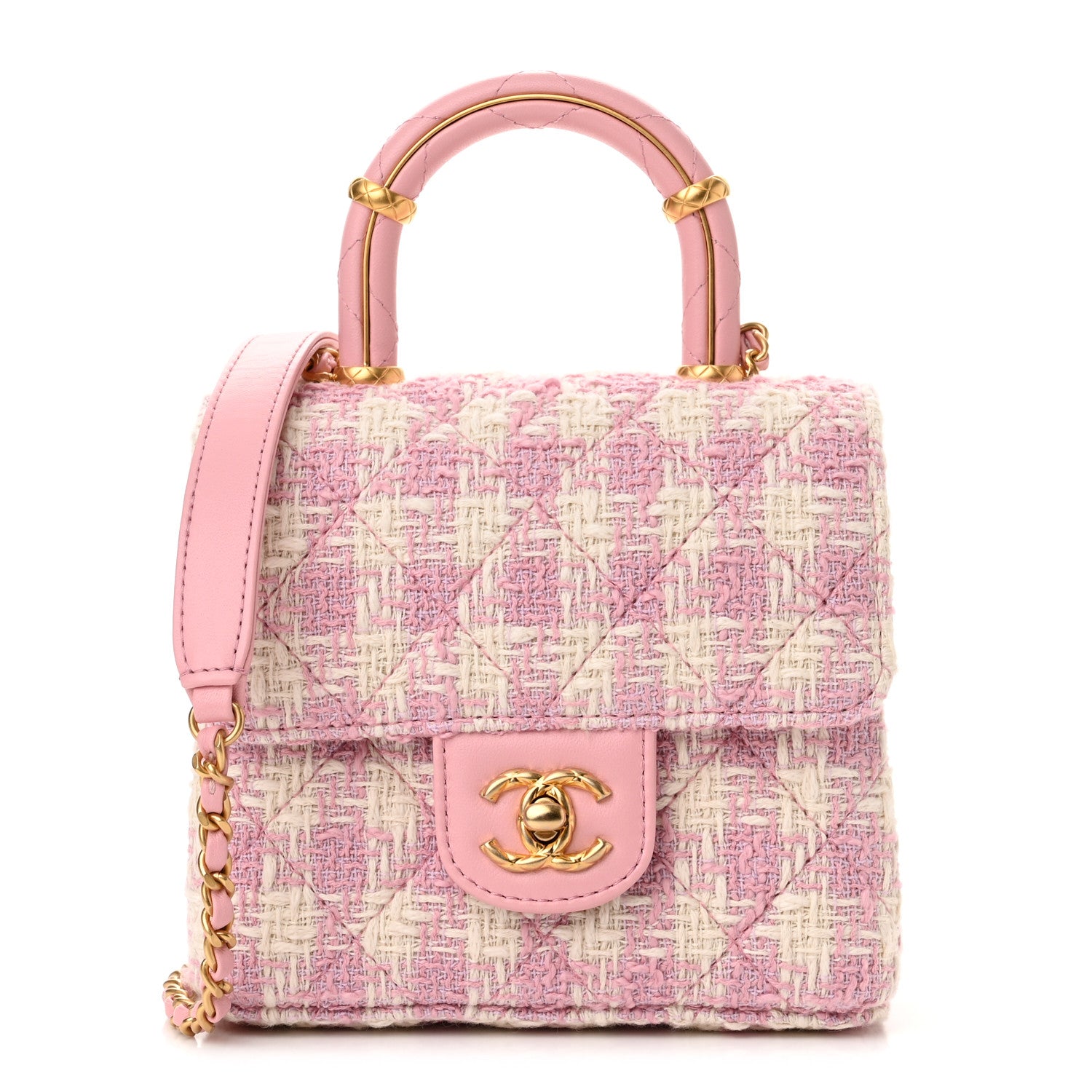 Chanel Tweed Handle Crush Top Handle Flap Bag Pink Ecru 1 of 11