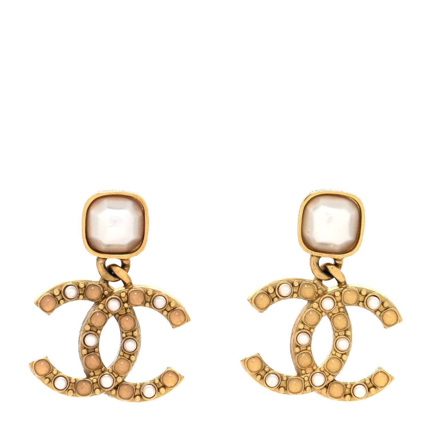 Chanel Pearl Stones CC Drop Earrings Gold 1 of 4