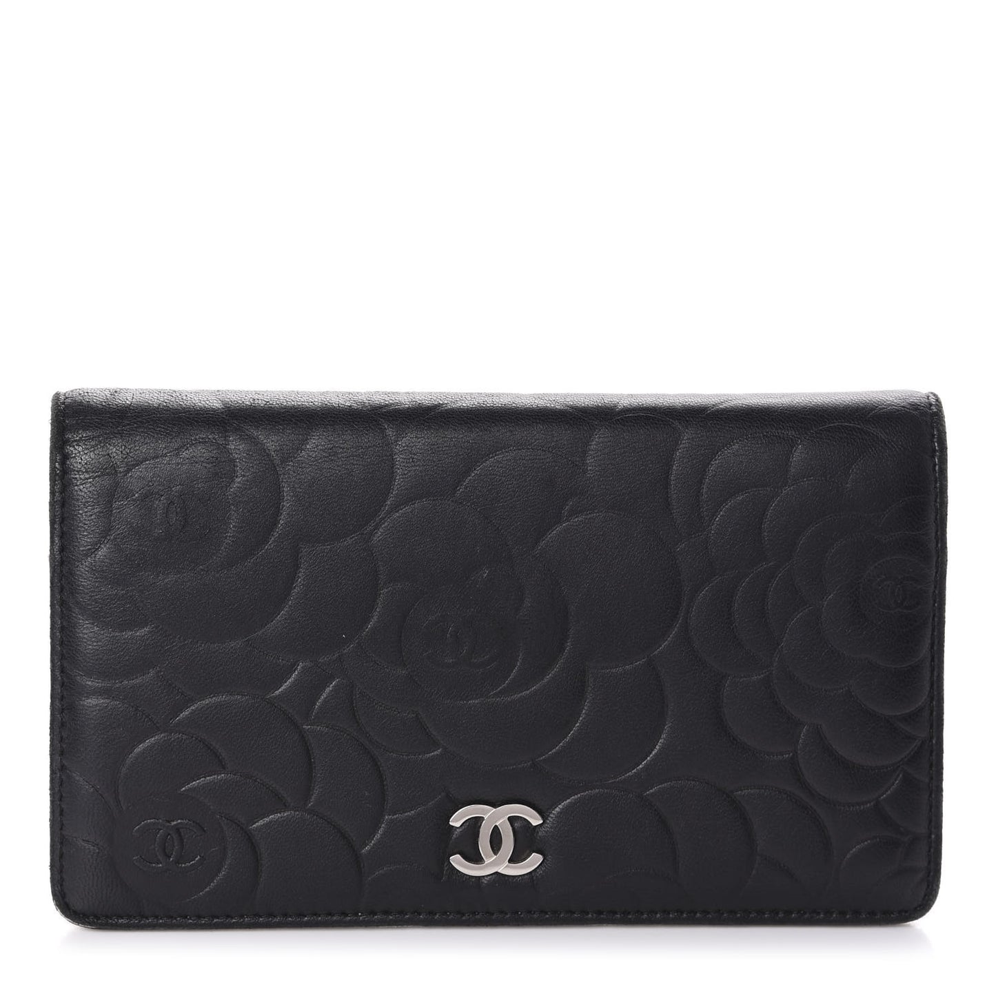 Lambskin Camellia Embossed Yen Wallet Black