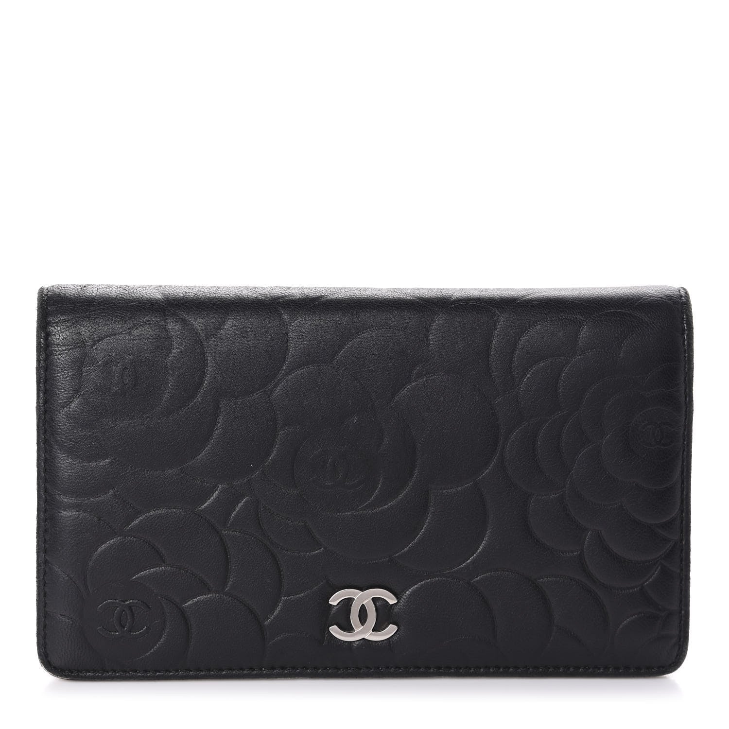 Chanel Lambskin Camellia Embossed Yen Wallet Black 1 of 11