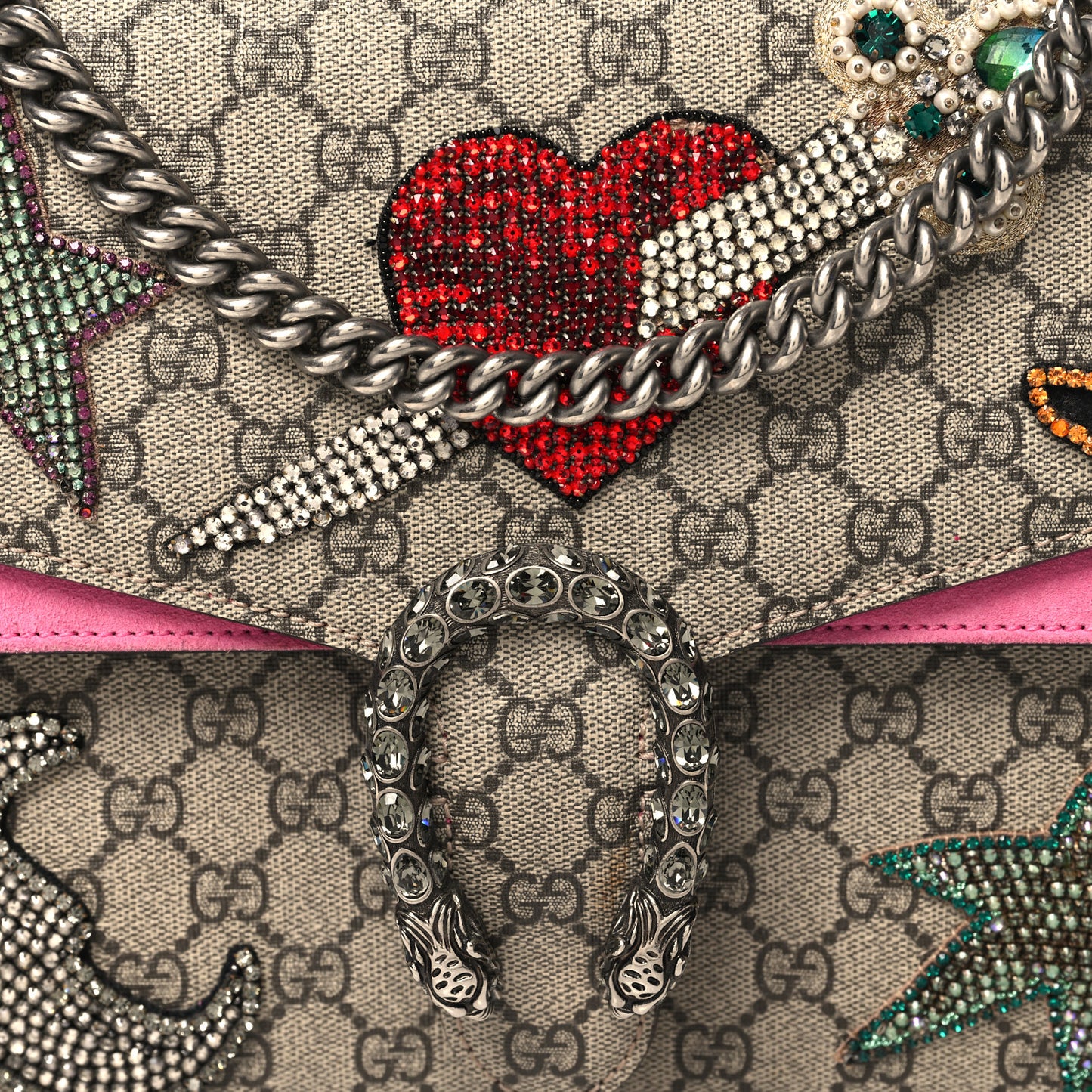 GG Supreme Monogram Suede Pierced Heart Embroidered Medium Dionysus Shoulder Bag Beige Ebony Pink Tropical Flower