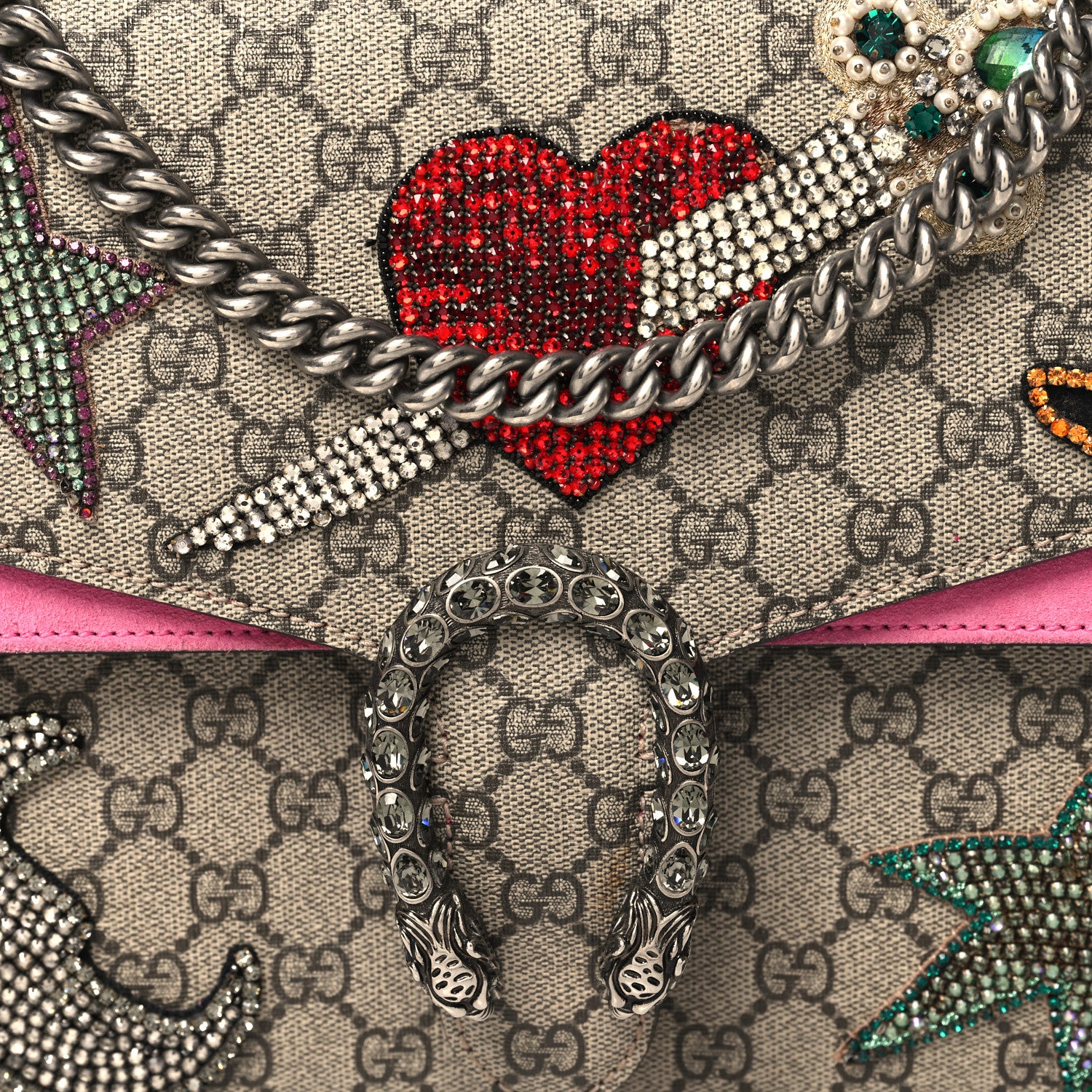 Gucci GG Supreme Monogram Suede Pierced Heart Embroidered Medium Dionysus Shoulder Bag Beige Ebony Pink Tropical Flower 9 of 18