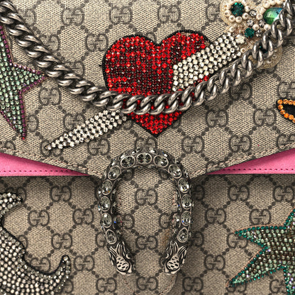 Gucci GG Supreme Monogram Suede Pierced Heart Embroidered Medium Dionysus Shoulder Bag Beige Ebony Pink Tropical Flower 9 of 18