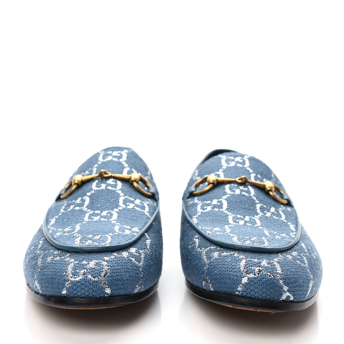 Canvas Lame GG Monogram Horsebit Womens Jordaan Loafers 38 Blue Silver Cornflower Blue