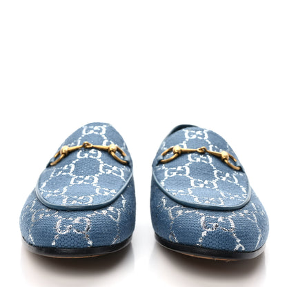 Gucci Canvas Lame GG Monogram Horsebit Womens Jordaan Loafers 38 Blue Silver Cornflower Blue 2 of 8