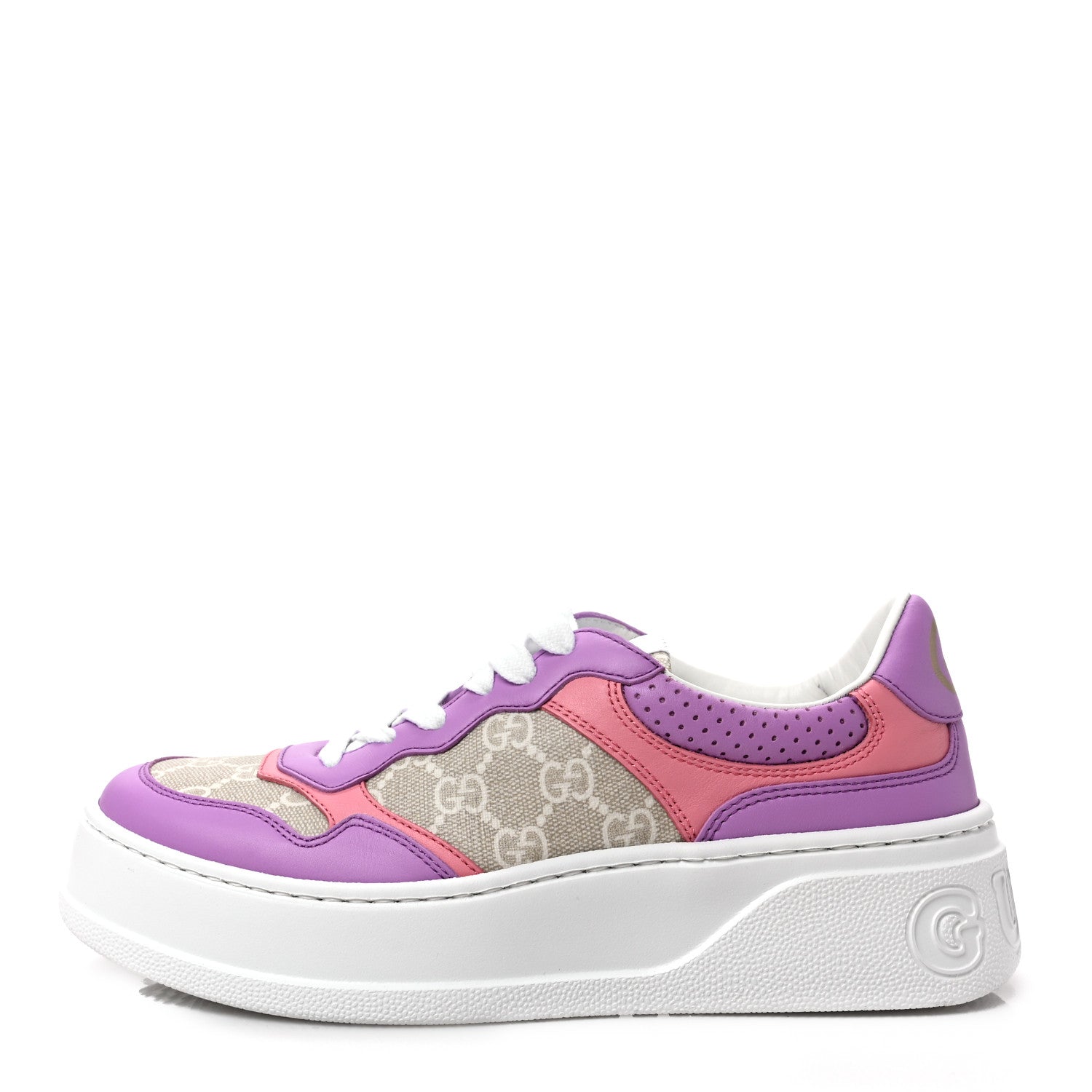 Gucci Calfskin GG Supreme Monogram Perforated Womens Platform 55mm Sneakers 38 Wild Cherry Beige Mystic White Bright Purple 1 of 8