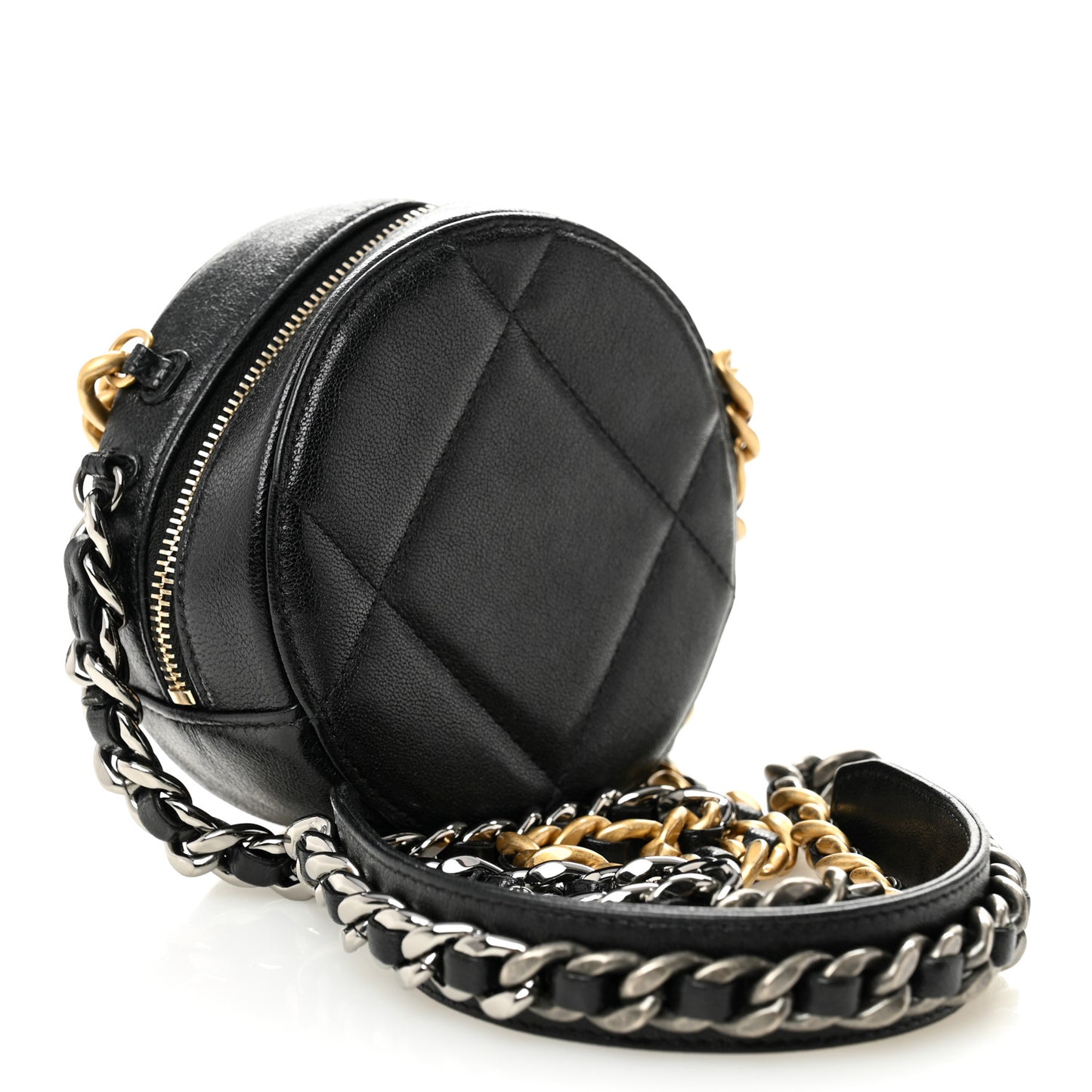 Shiny Goatskin Quilted Chanel 19 Round Clutch With Chain Black