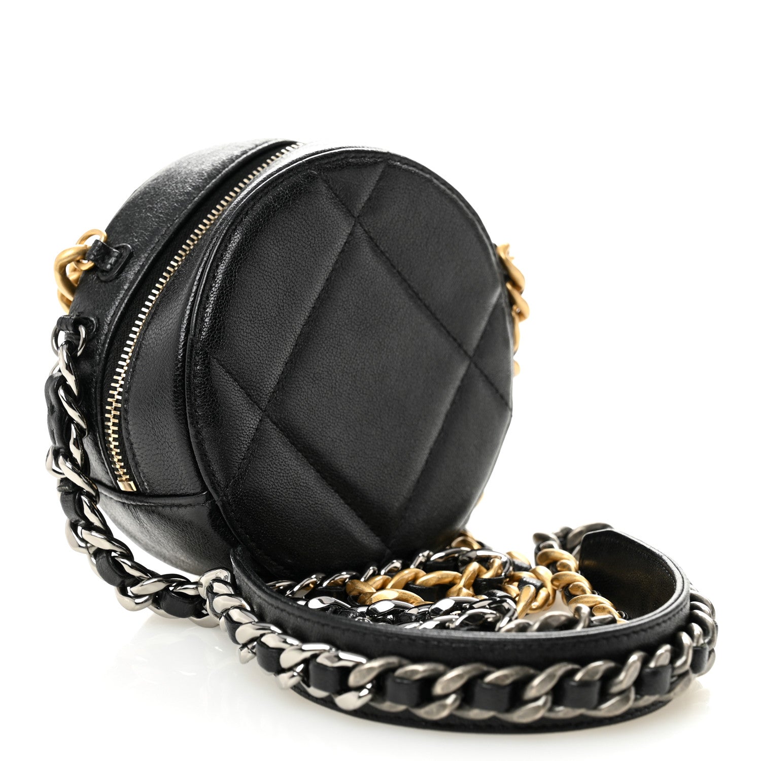 Chanel Shiny Goatskin Quilted Chanel 19 Round Clutch With Chain Black 3 of 10