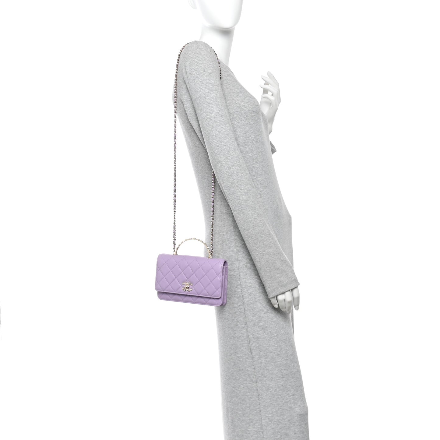 Lambskin Quilted Crystal Top Handle Clutch With Chain Light Purple