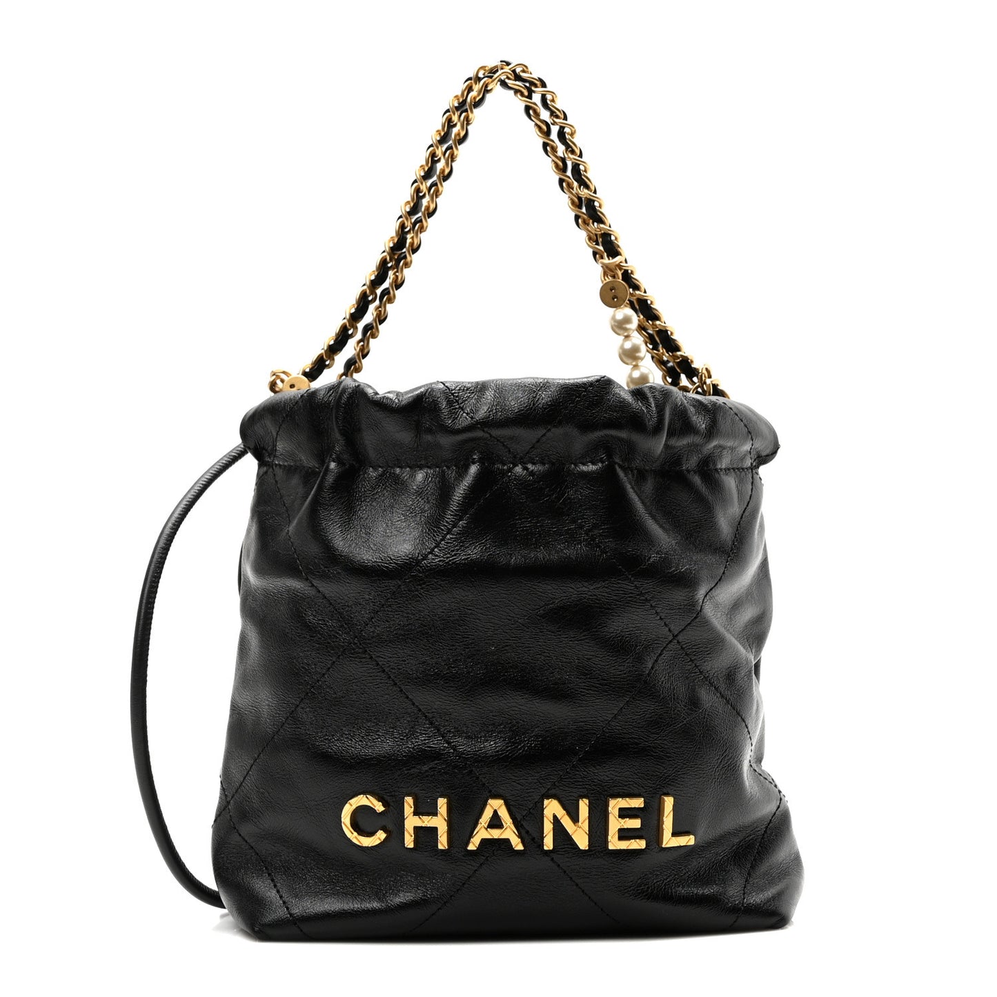 Shiny Crumpled Calfskin Quilted Pearl Mini Chanel 22 Black