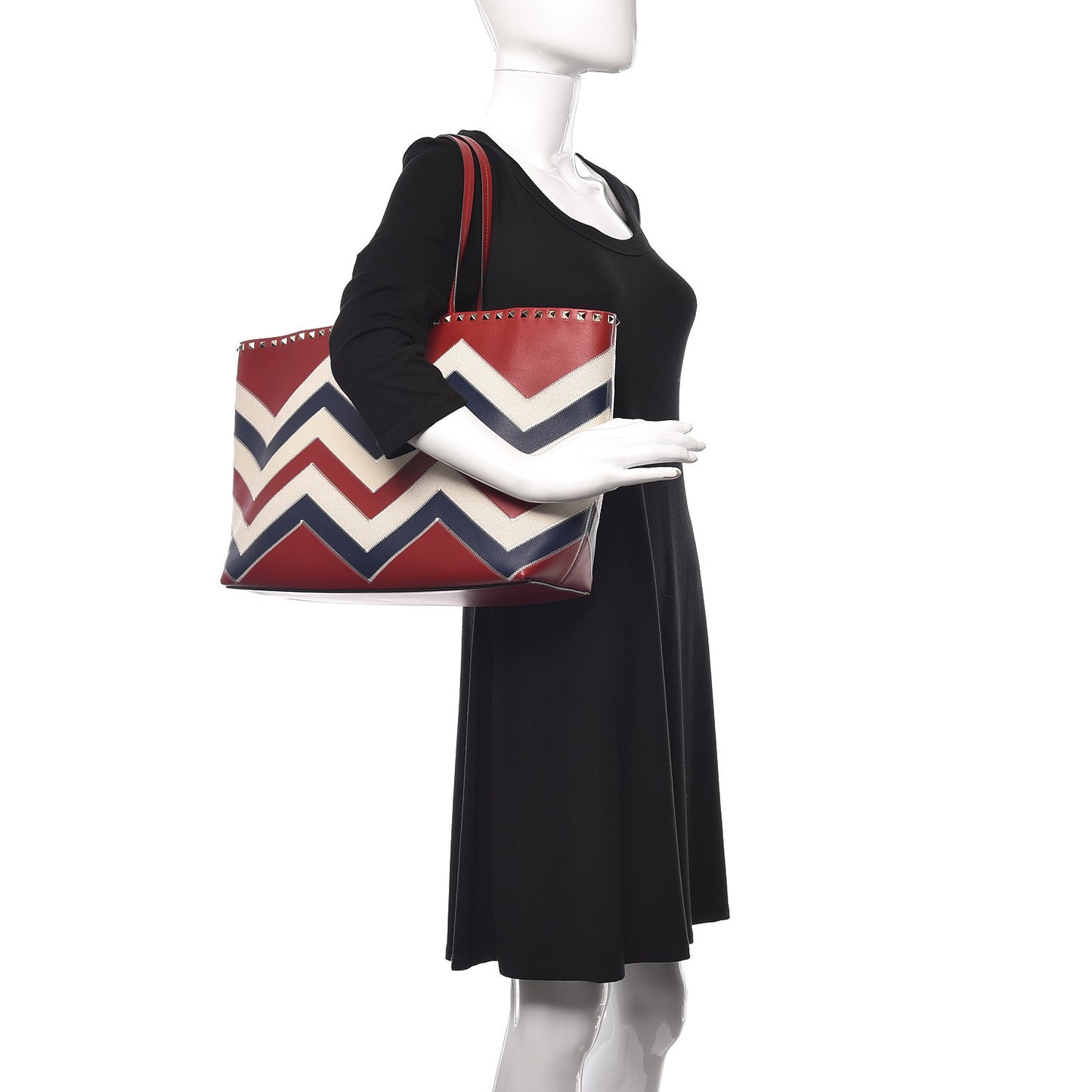 Calfskin Canvas Chevron Inlay Rockstud Shoulder Tote Red White Blue