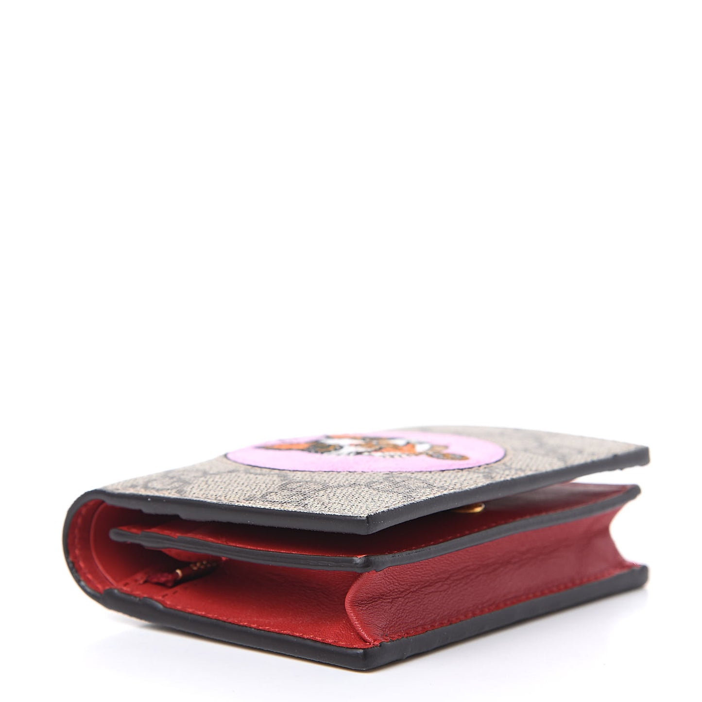 GG Supreme Monogram Bosco Patch Card Case Wallet Beige Malva Hibiscus Red
