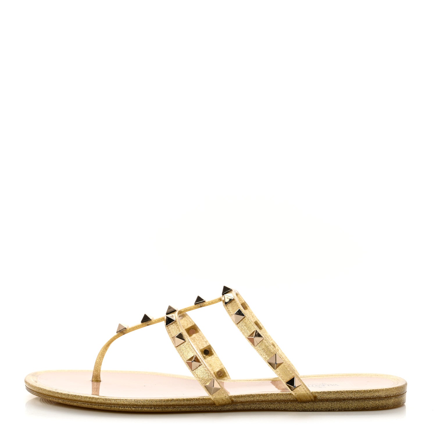 Valentino Garavani PVC Jelly Glitter Rockstud Caged Flat Thong Sandals 39 Oro 1 of 7
