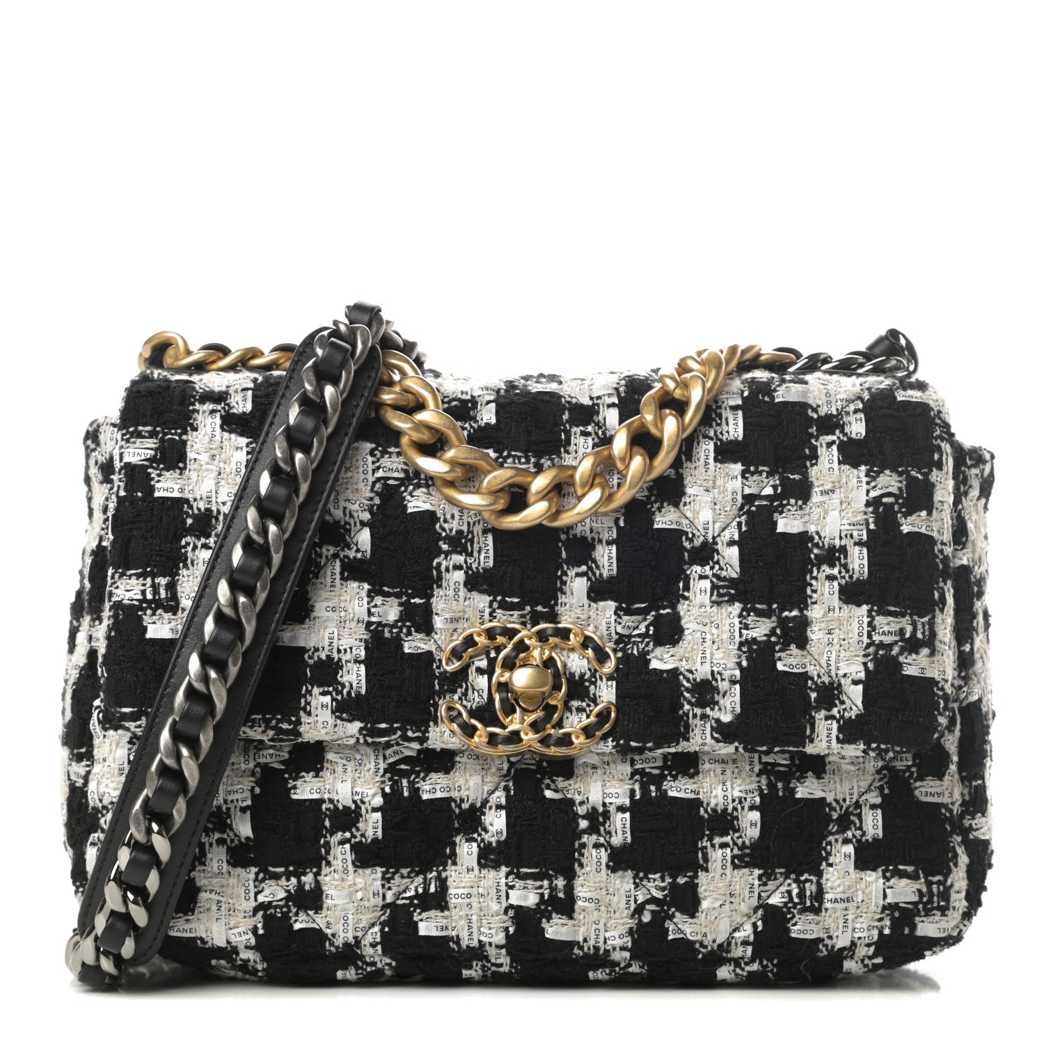 Chanel Tweed Quilted Medium Chanel 19 Flap Black Ecru White 1 of 11