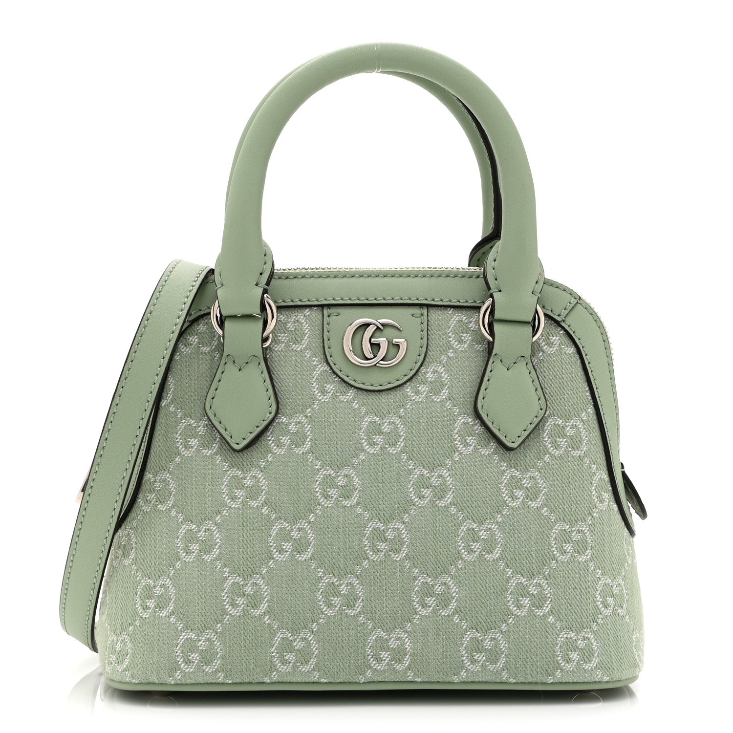 Gucci Summer Denim Calfskin GG Monogram Web Mini Top Handle Ophidia Dome Shoulder Bag Pale Green 1 of 22