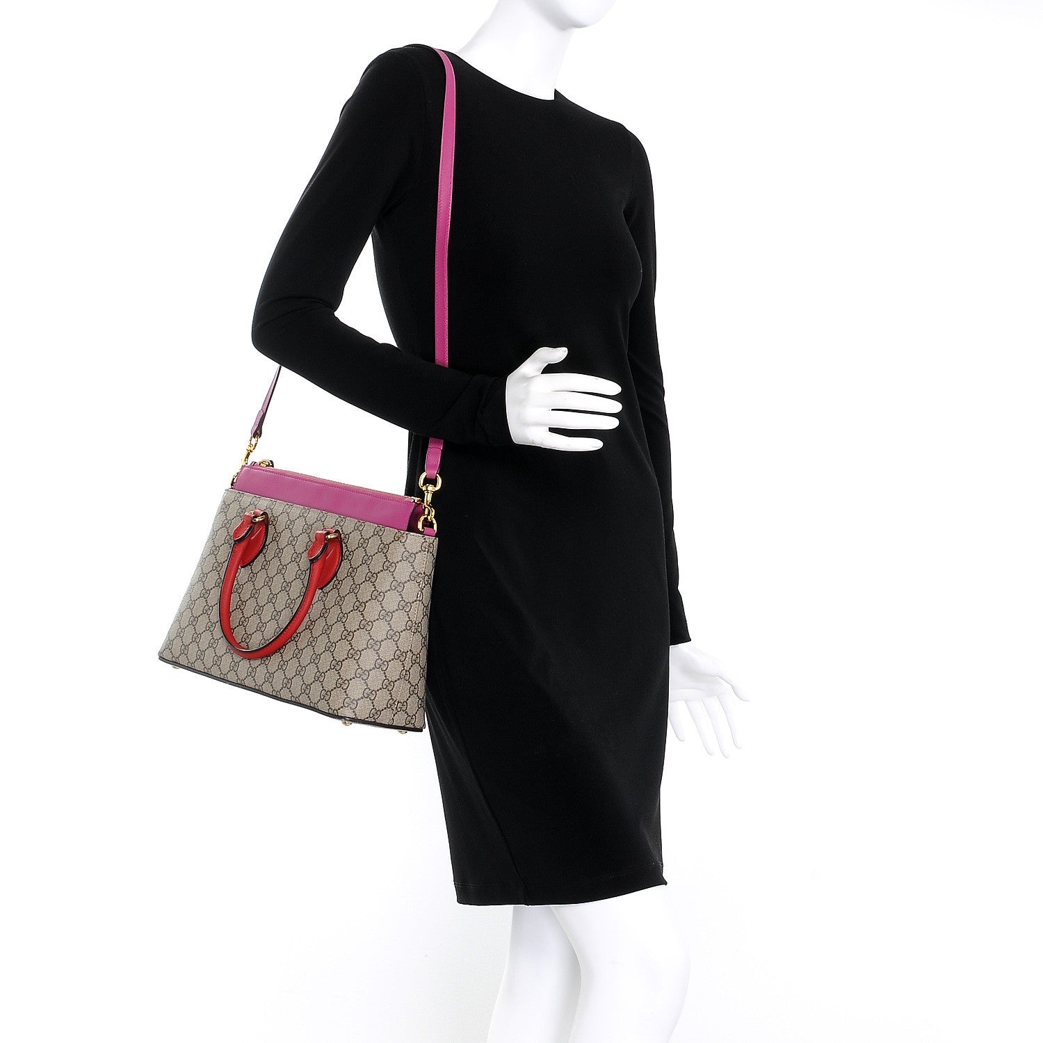 Gucci GG Supreme Monogram Moon Calfskin Small Zip Top Tote Beige Ebony Hibiscus Red New Rosette 2 of 7
