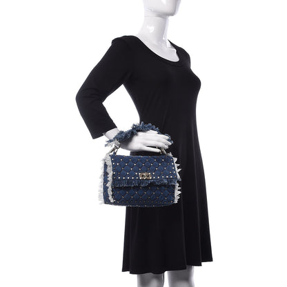 Valentino Garavani Denim Fringe Medium Rockstud Spike Shoulder Bag Blue 3 of 11