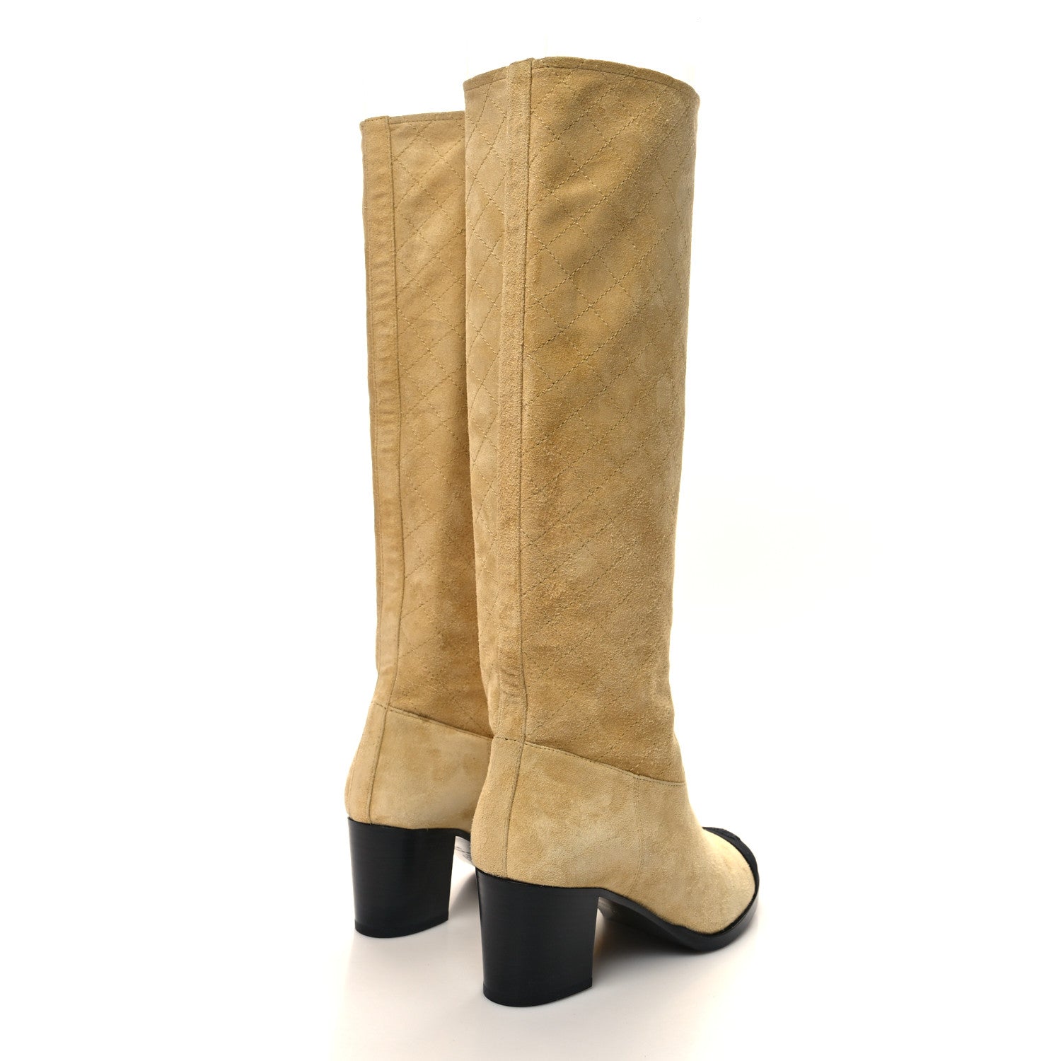 Chanel Suede Grosgrain Stitched CC High Boots 37 Beige Black 4 of 8