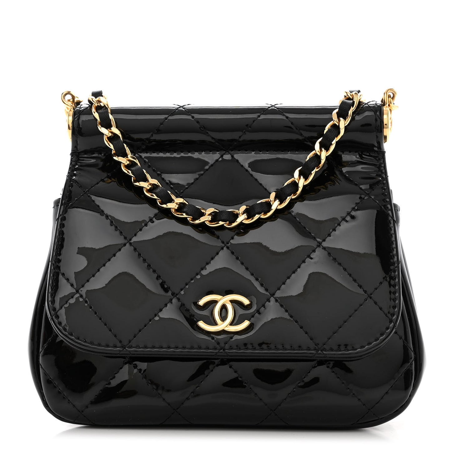 Patent Quilted Frame Clutch Flap With Chain Black