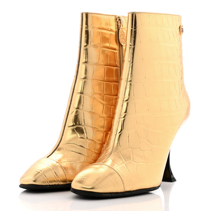Chanel Calfskin Crocodile Embossed Cap Toe Ankle Boots 39 Gold 3 of 13