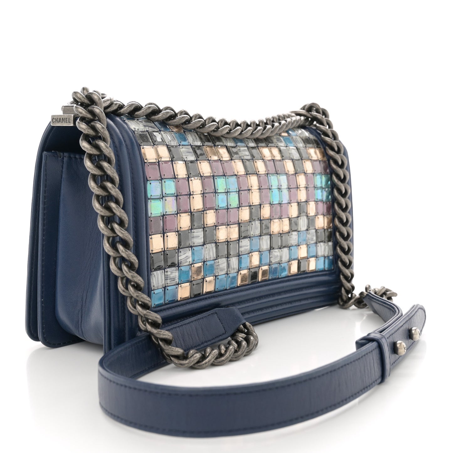 Lambskin Tile Medium Mosaic Boy Flap Navy Multicolor