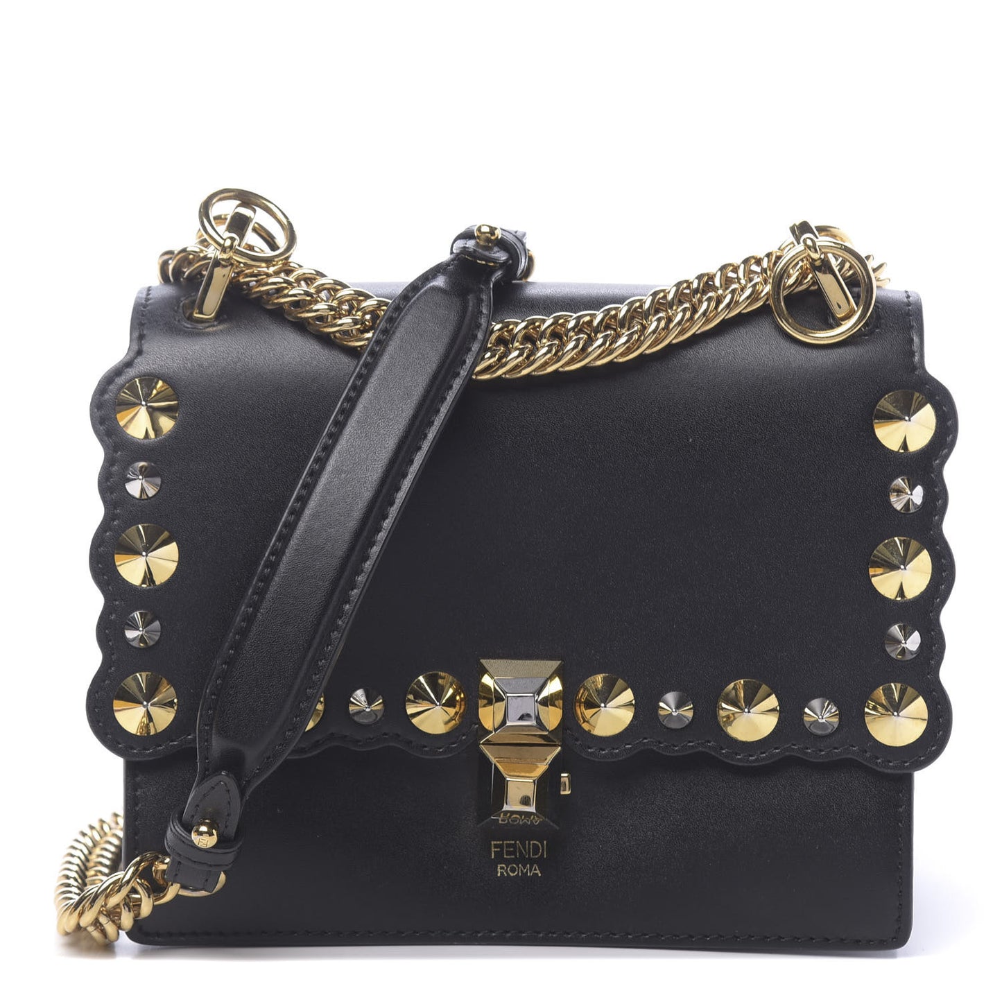 Vitello Liberty Metal Scalloped Multi Studded Small Kan I Shoulder Bag Black