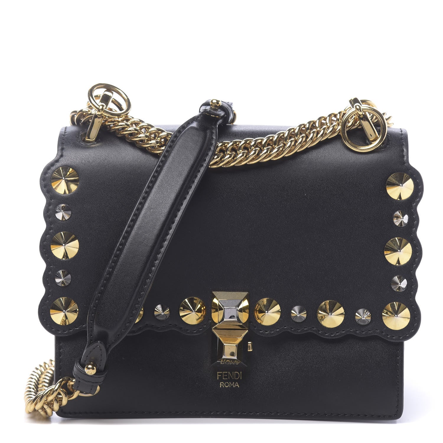 Fendi Vitello Liberty Metal Scalloped Multi Studded Small Kan I Shoulder Bag Black 1 of 11