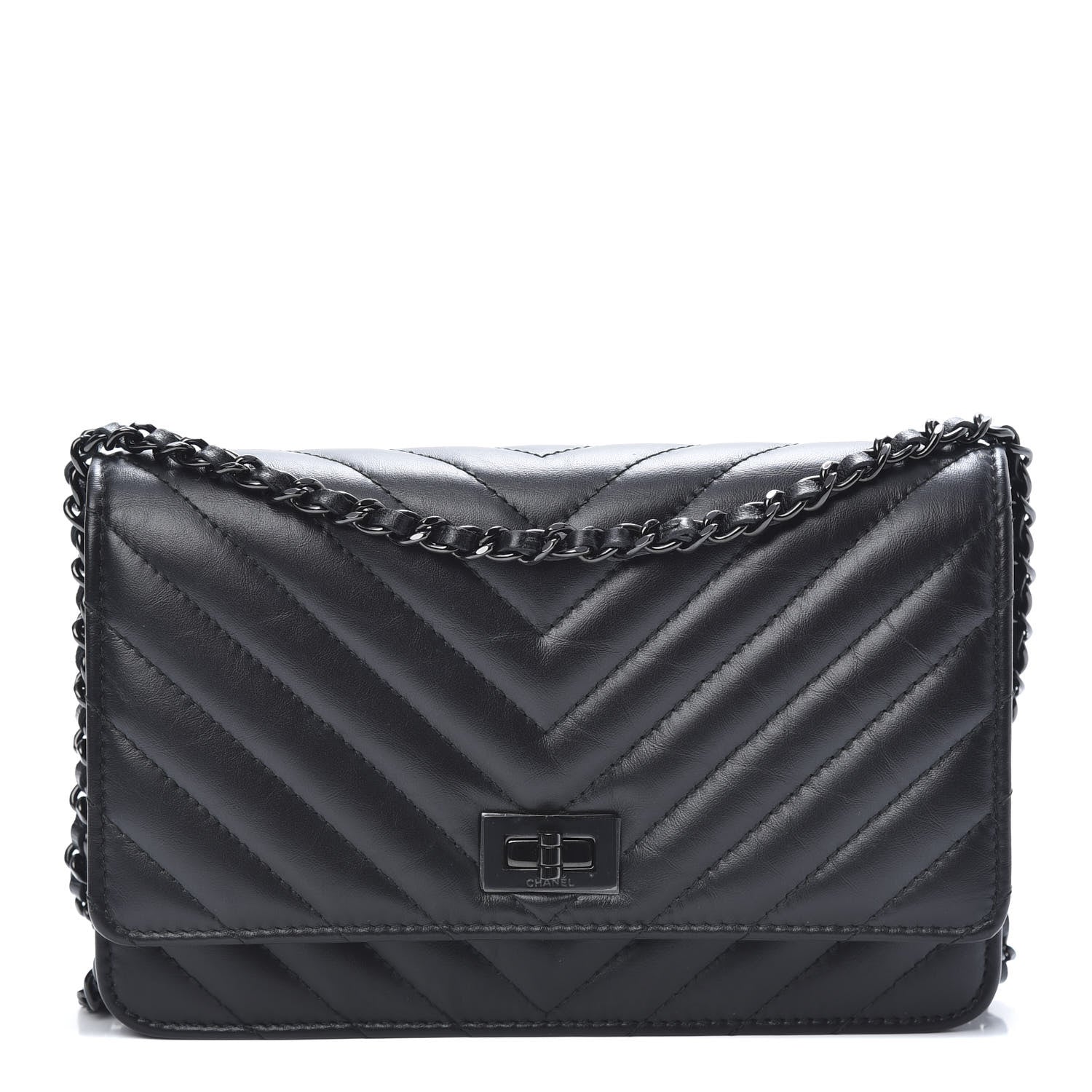 Chanel Aged Calfskin Chevron Quilted Reissue Wallet On Chain WOC So Black 1 of 13