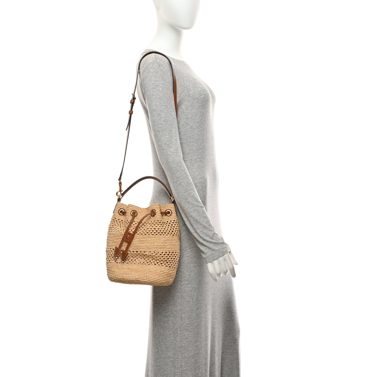 Celine Raffia Woven Clara Drawstring Bucket Bag Natural Tan 2 of 10