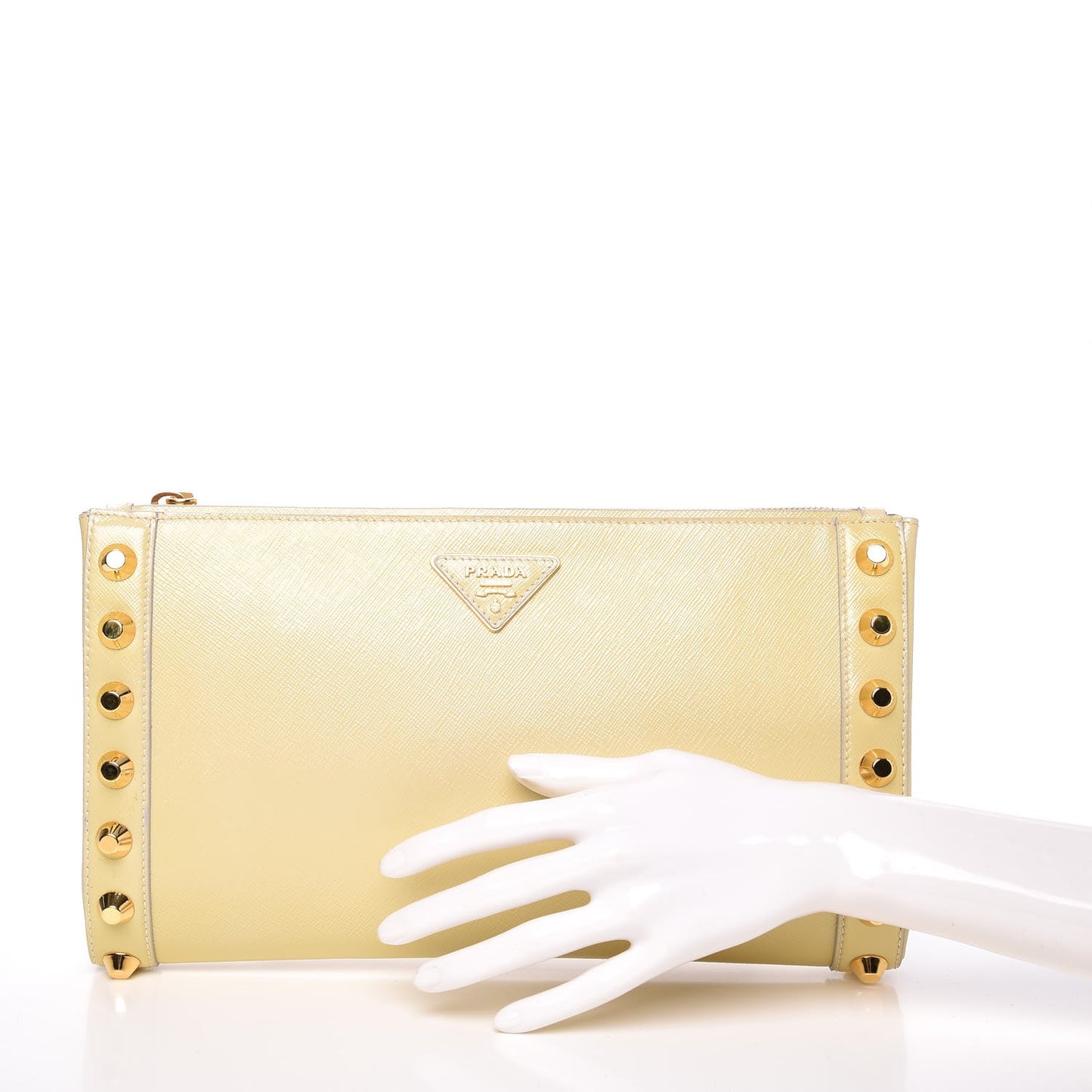Saffiano Vernice Studded Clutch Talco