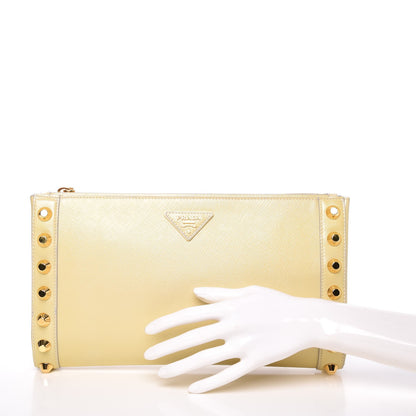 Prada Saffiano Vernice Studded Clutch Talco 2 of 9