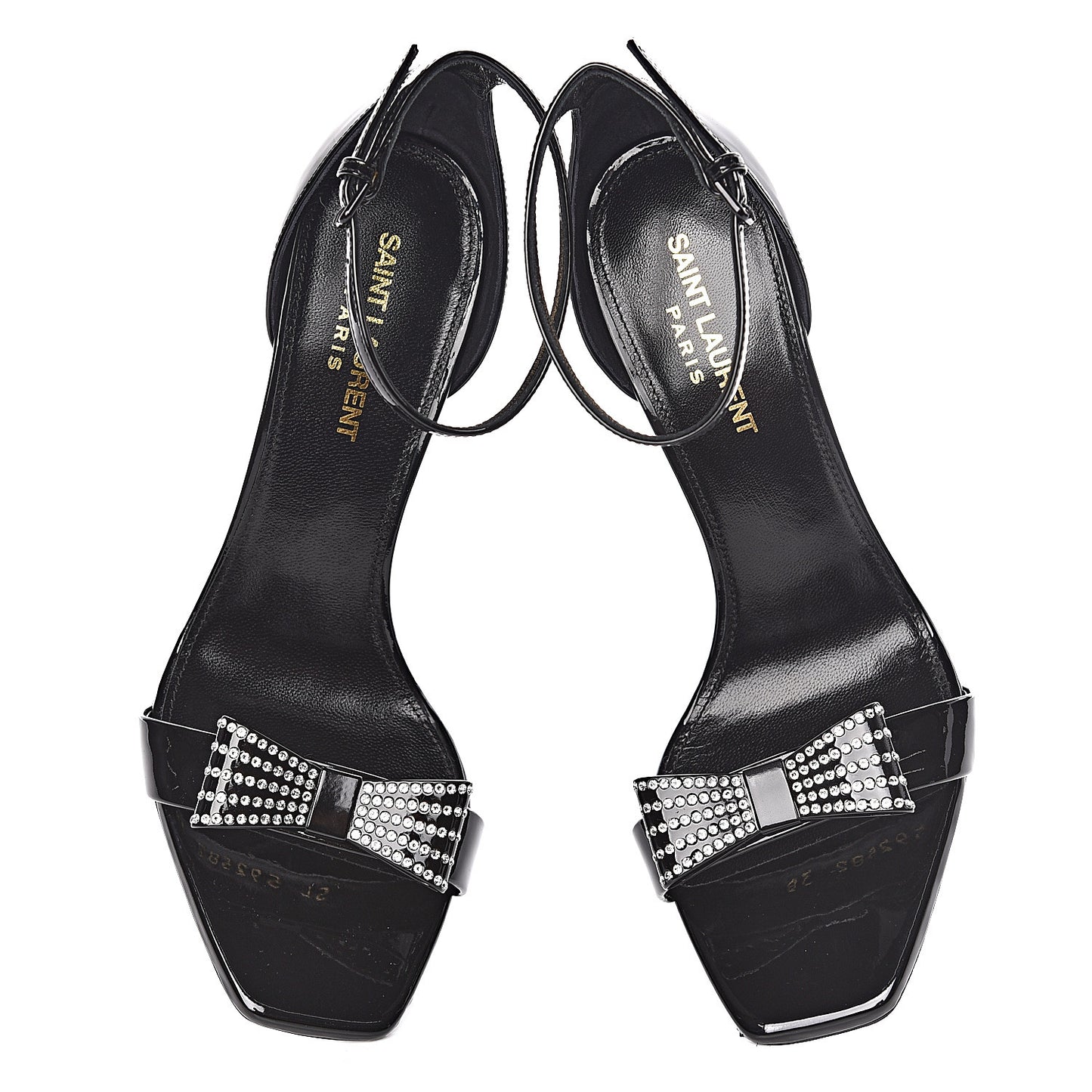 Patent Calfskin Crystal Amber Bow 85 Ankle Strap Sandals 38 Black