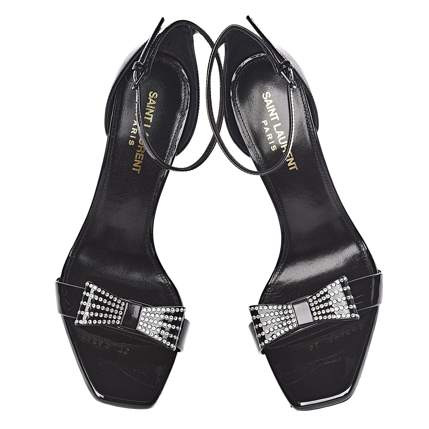 Saint Laurent Patent Calfskin Crystal Amber Bow 85 Ankle Strap Sandals 38 Black 5 of 10