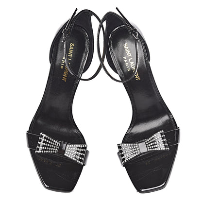 Saint Laurent Patent Calfskin Crystal Amber Bow 85 Ankle Strap Sandals 38 Black 5 of 10