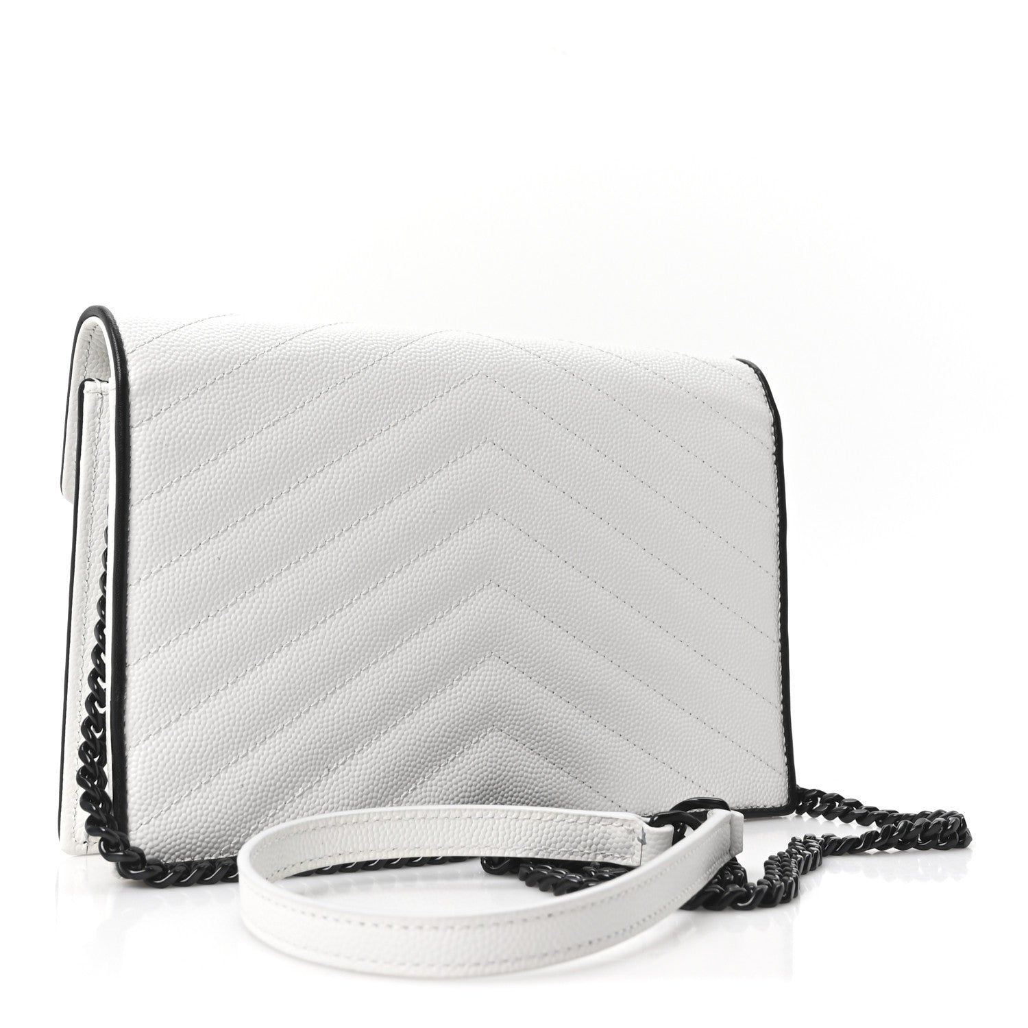 Saint Laurent Grain De Poudre Matelasse Chevron Monogram Envelope Chain Wallet  White Black 3 of 10