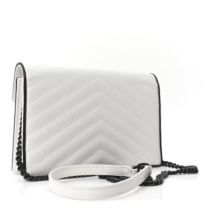 Saint Laurent Grain De Poudre Matelasse Chevron Monogram Envelope Chain Wallet  White Black 3 of 10