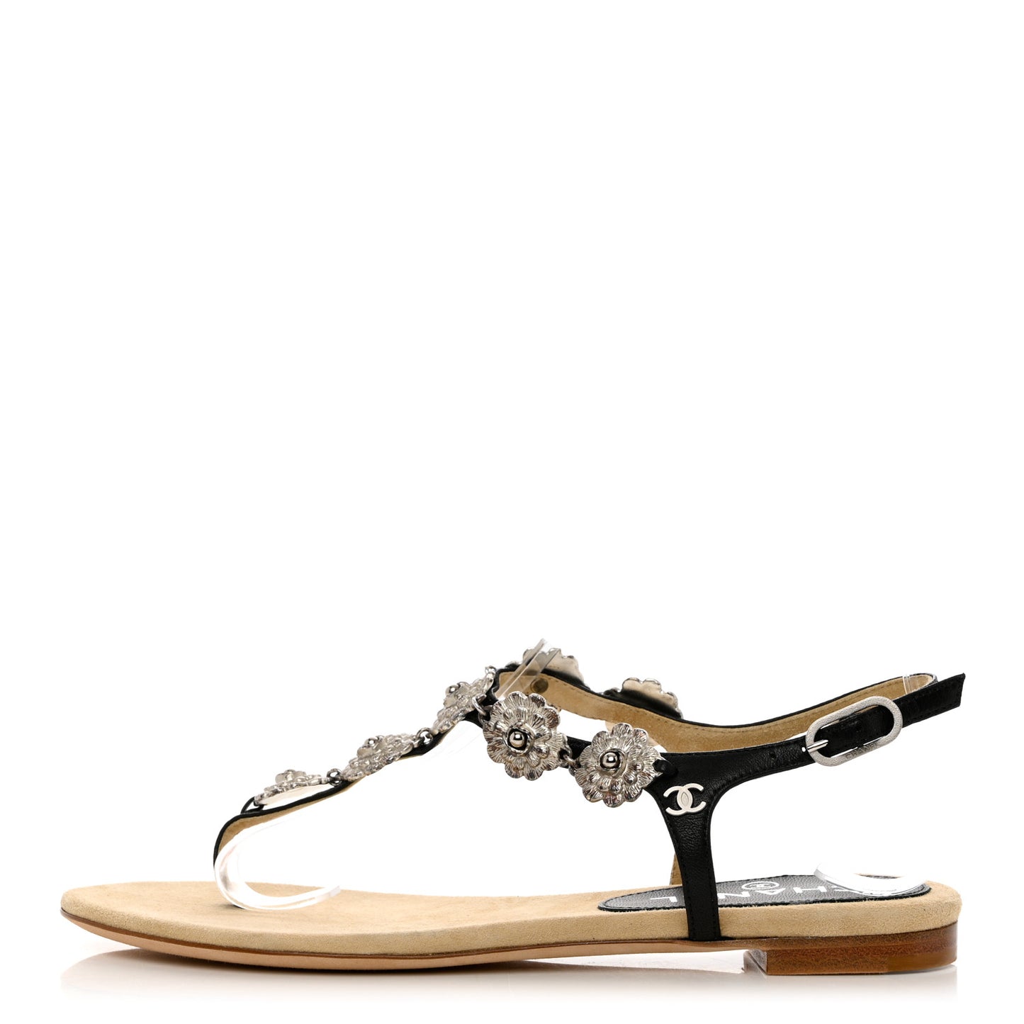 Lambskin Metal Camellia Thong Sandals 36.5 Black
