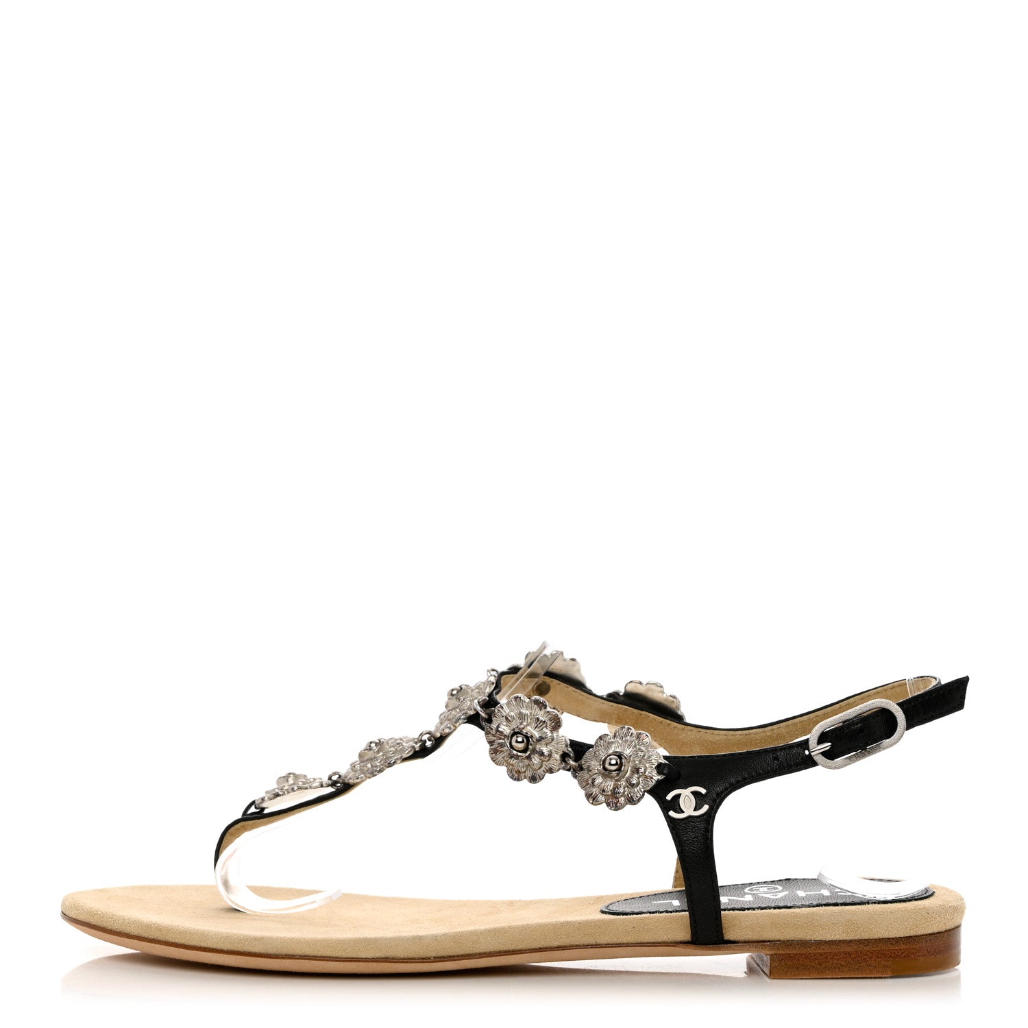 Chanel Lambskin Metal Camellia Thong Sandals 36.5 Black 1 of 11