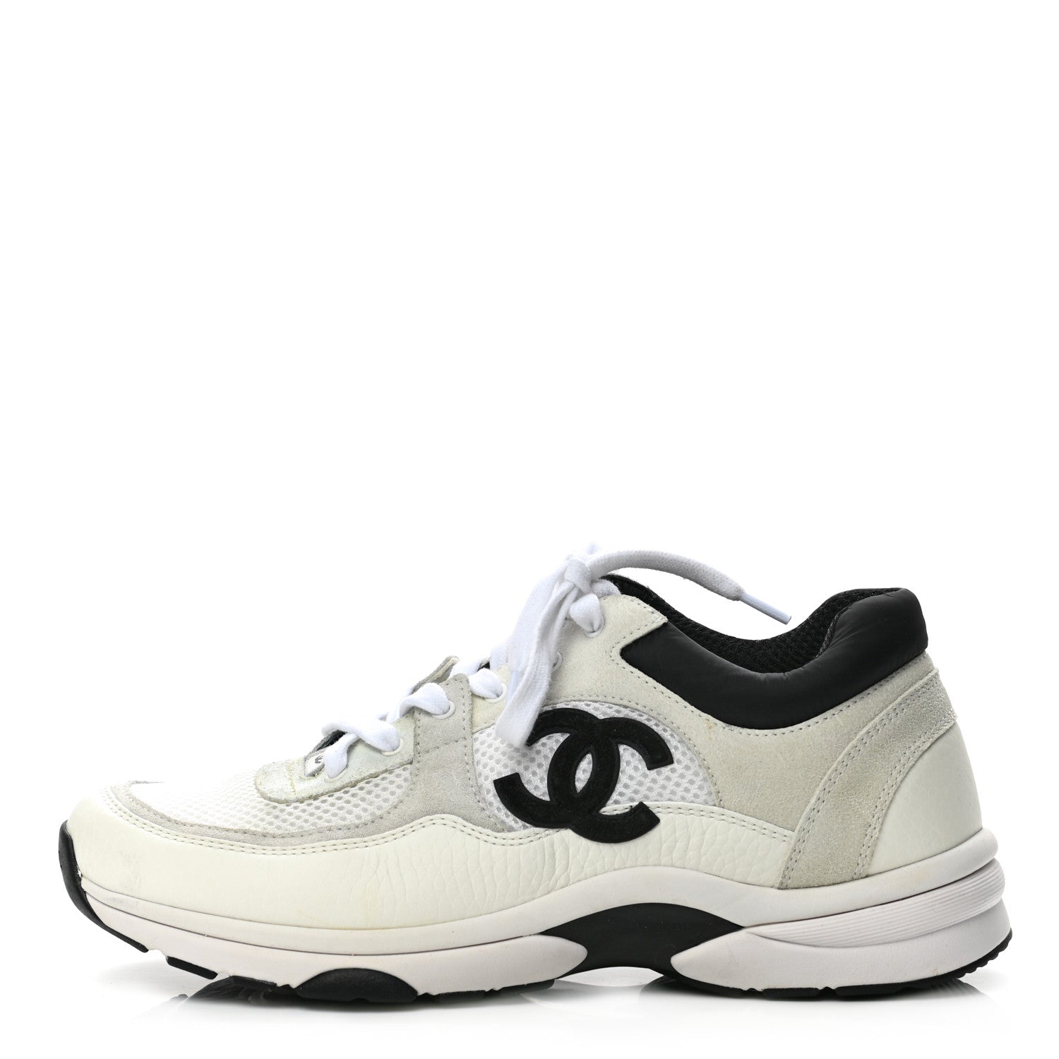 Chanel Mesh Suede Calfskin Grained Calfskin Womens CC Sneakers 40 White Black 1 of 8