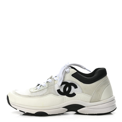 Chanel Mesh Suede Calfskin Grained Calfskin Womens CC Sneakers 40 White Black 1 of 8